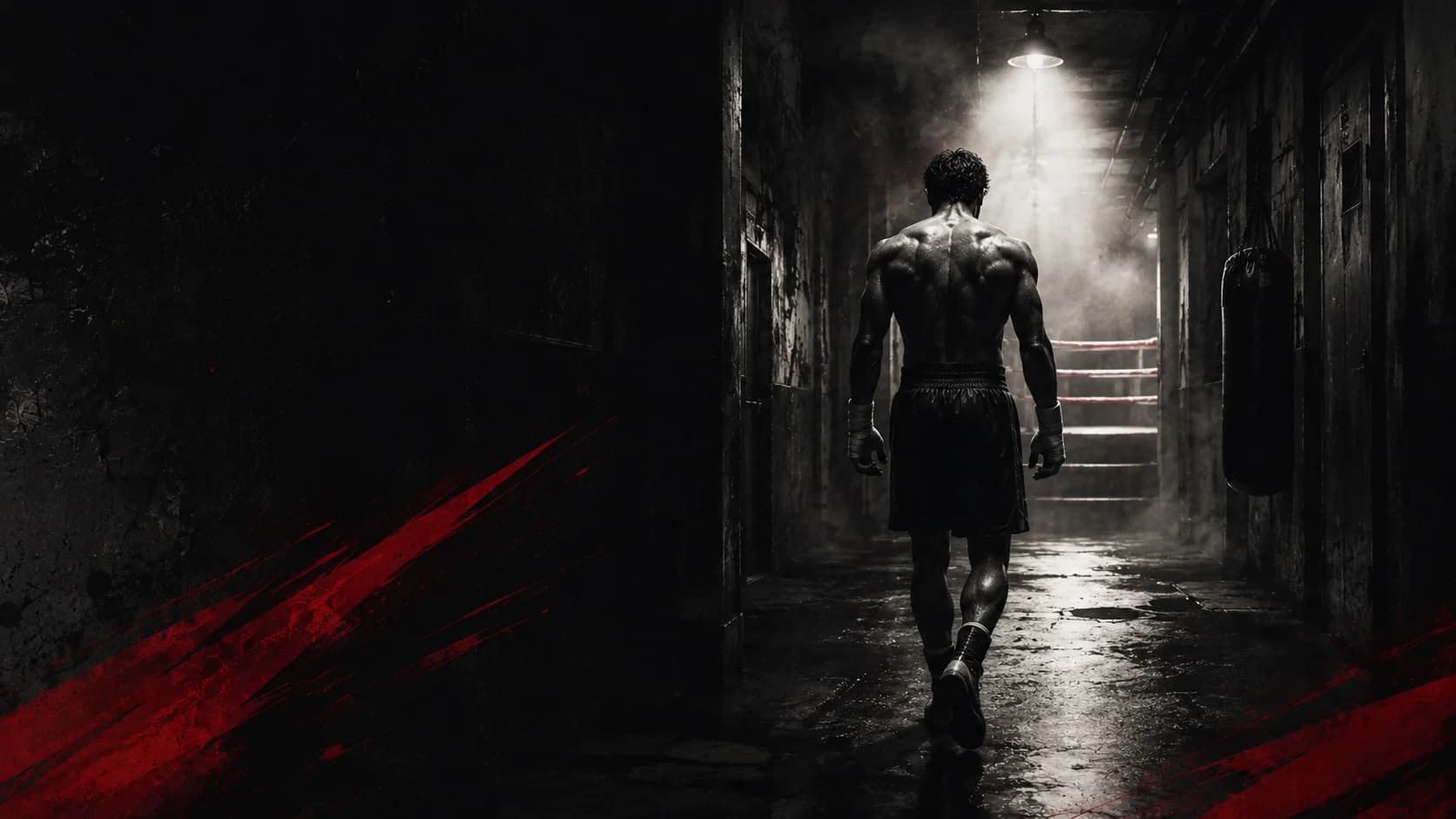 Boxer walking through a dark gym corridor toward the ring
